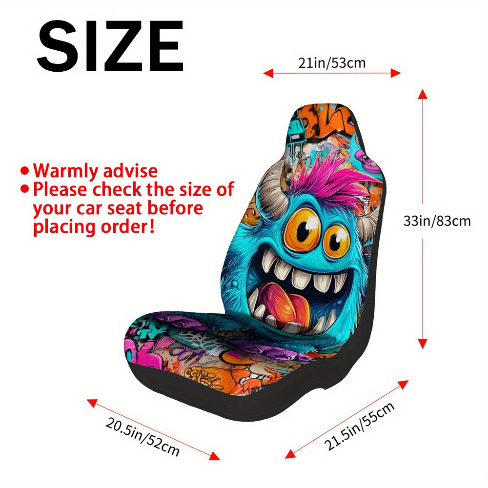 TEMU 2pcs, Fit For Car, Suv, Sedan, Truck Graffiti Monster Art Pop Colorful Print Car Seat Covers For Women And Men, Durable And Soft, Easy To Clean,