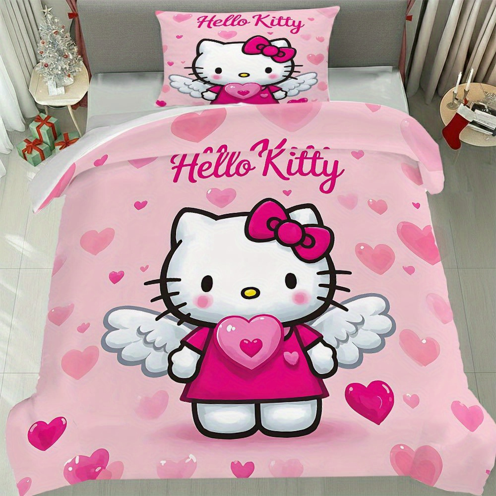 E-shop 2/3-teiliges bezauberndes Hello Kitty Herz Muster Dickes Winter Bettbezug Set Hello Kitty Bettwäsche Wunderschönes Bettbezug Set 1 Bettbezug +