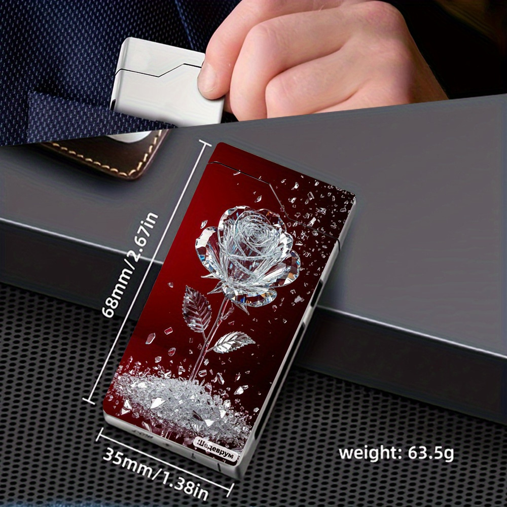 TEMU 1pc Arc -Vent avec Motif Rose en Cristal , Électronique avec Coque Métallique, Indicateur de Batterie, Chargement Type-C, Double Arc, Emballage