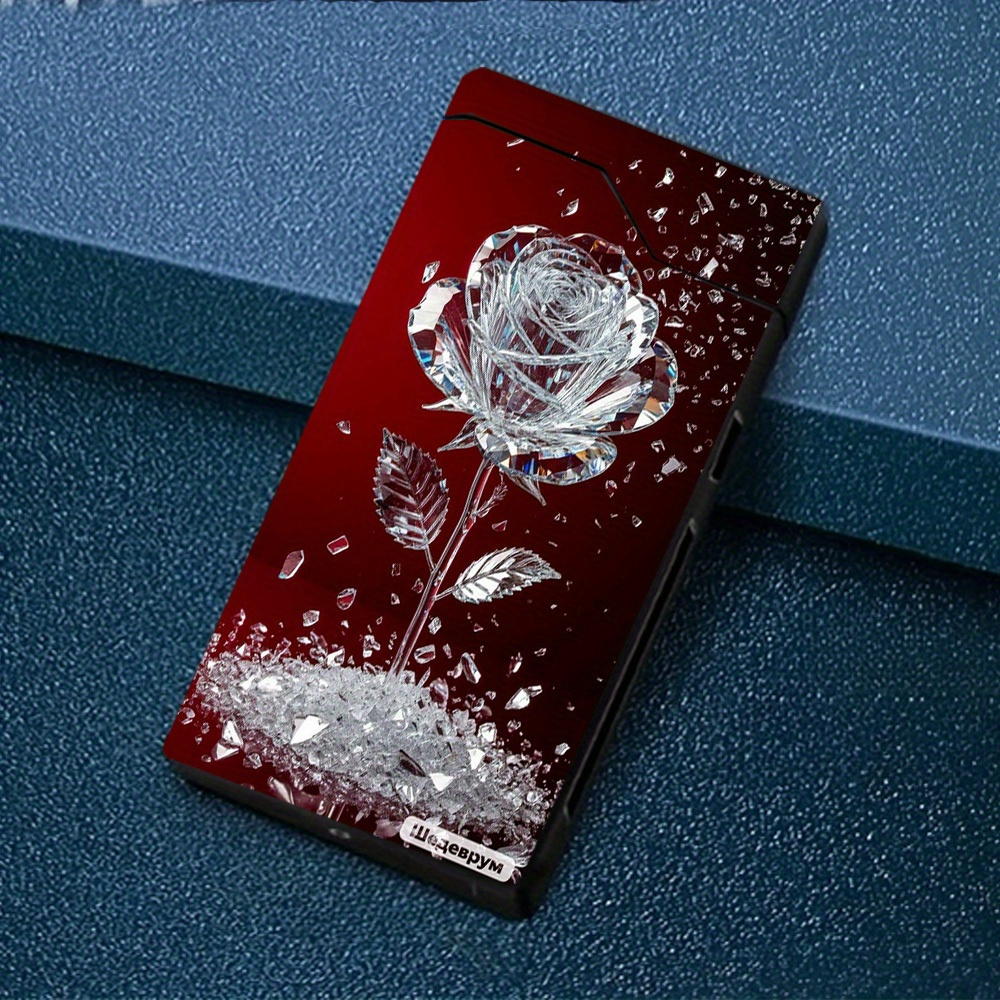 TEMU 1pc Briquet Arc -Vent avec Motif Rose en Cristal , Briquet Électronique avec Coque Métallique, Indicateur de Batterie, Chargement Type-C, Double