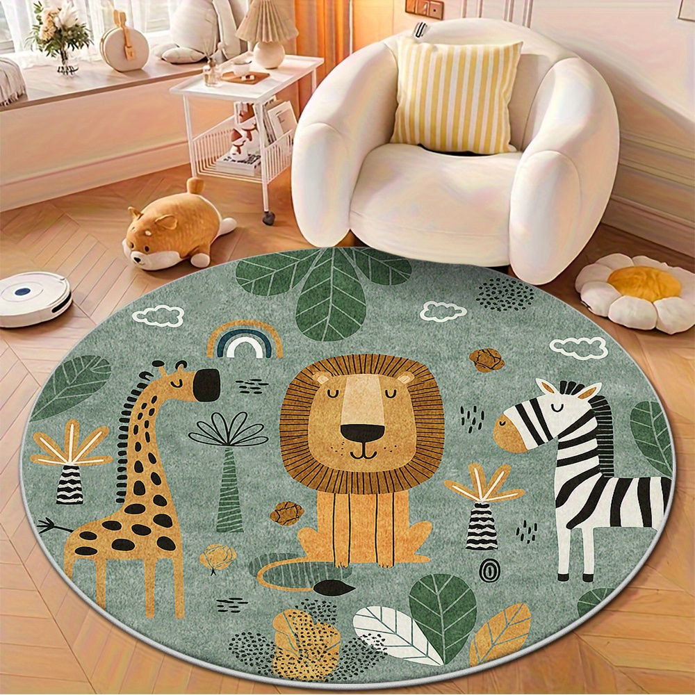 TEMU Machine Washable, Cartoon Animals Jungle Theme, Cute Hand-drawn Style, Green Background With Multi-colored Patterns, Non-slip And Durable, Soft