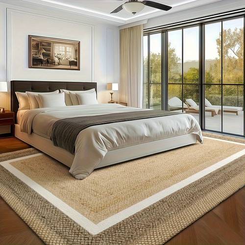 velvet material with non slip plastic backing thick living room and bedroom decorative mat minimalist geometric border beige natural jute texture carpet ideal for bedroom dining room office and living room decor