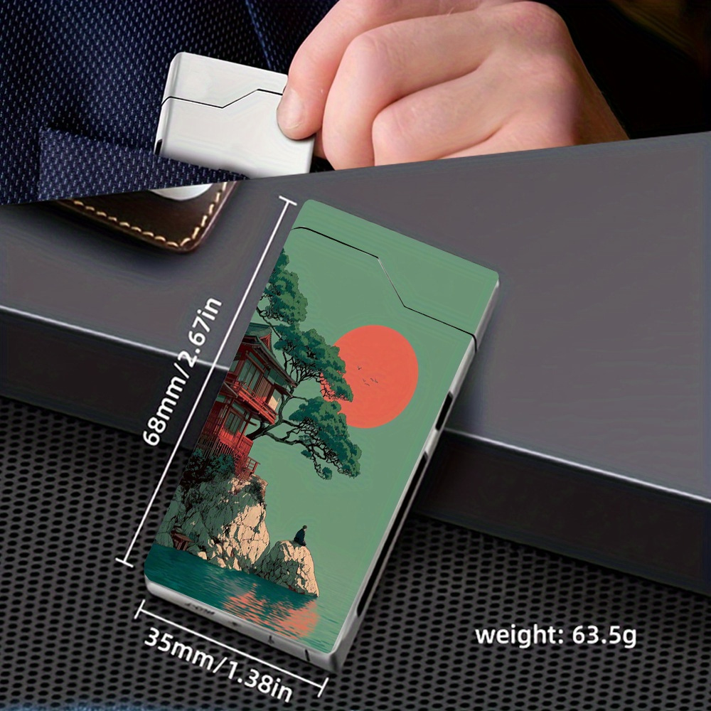 TEMU 1pc Windproof Electric With Japanese Sunset Design, Metal Shell, Battery Indicator, Type-c Charging, Dual Arc, Gift Box Packaging, Protection,