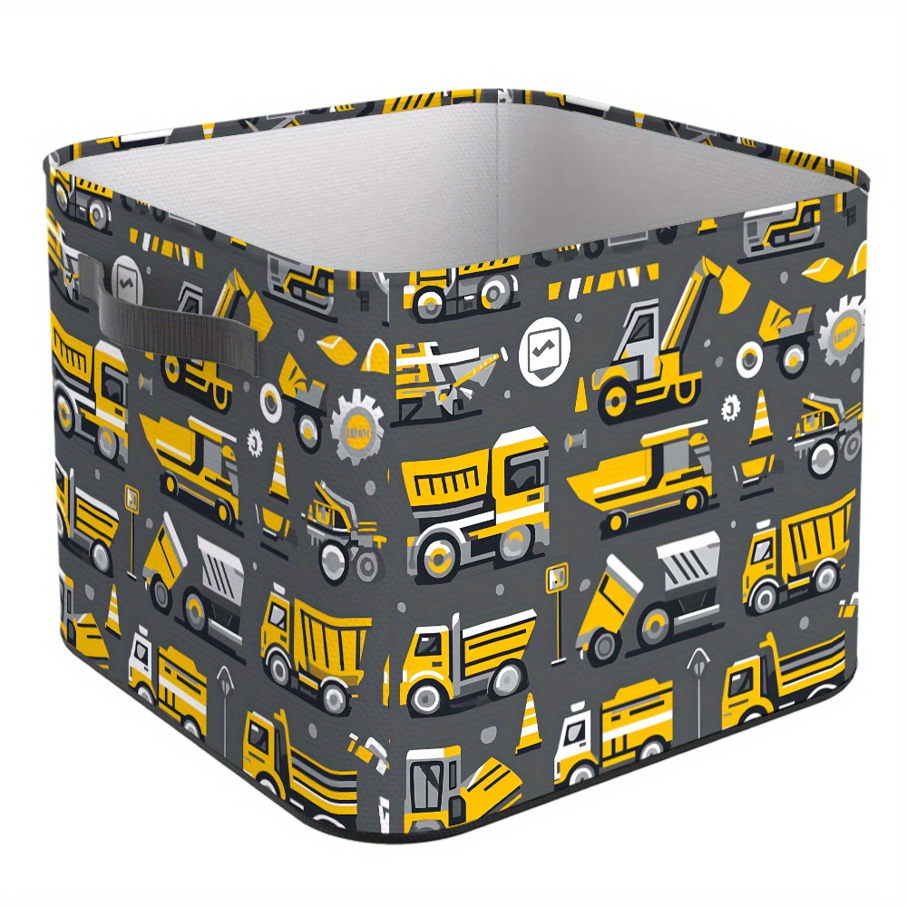 TEMU 1 Foldable Storage Basket With Construction Vehicle , Collapsible Storage Bin, Fabric Storage Box With Handles, Organizer Basket For Clothes And