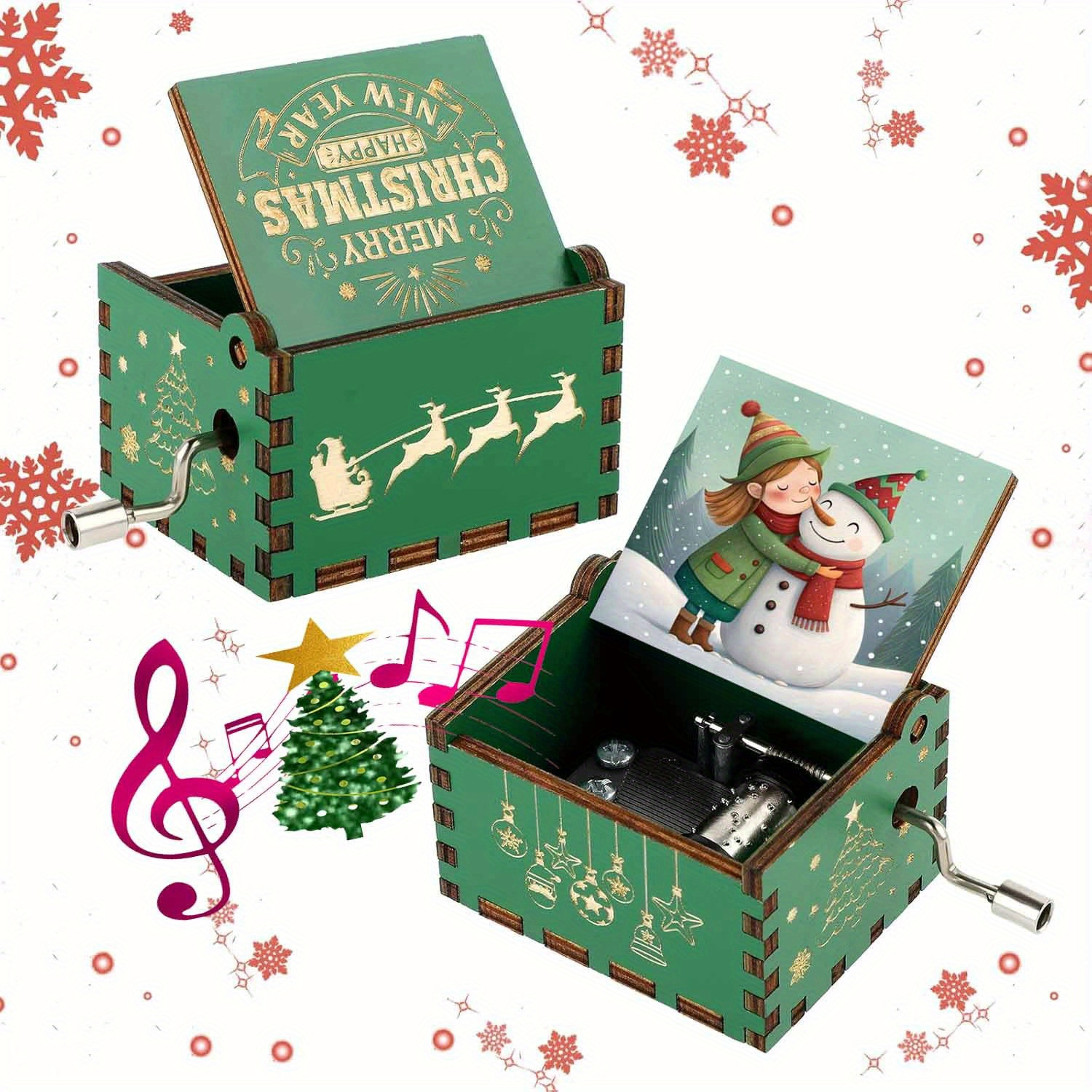 Image of 1pc Vintage Wooden Hand-cranked Music Box With Santa Claus & Snowman Figurines, Crank-activated Lullaby, Birch/-like Wood - Christmas New Year Gift, For Home Decor ( & S)