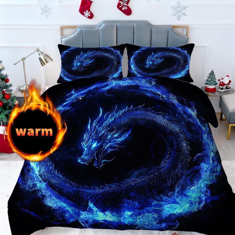 TEMU Mokalala 3pcs Blue Dragon Quilt Set Thick Blanket Set Blue Dragon Quilt Set Thick Blanket Set Comforter Bedding Set 1 Quilt   2 Pillowcases
