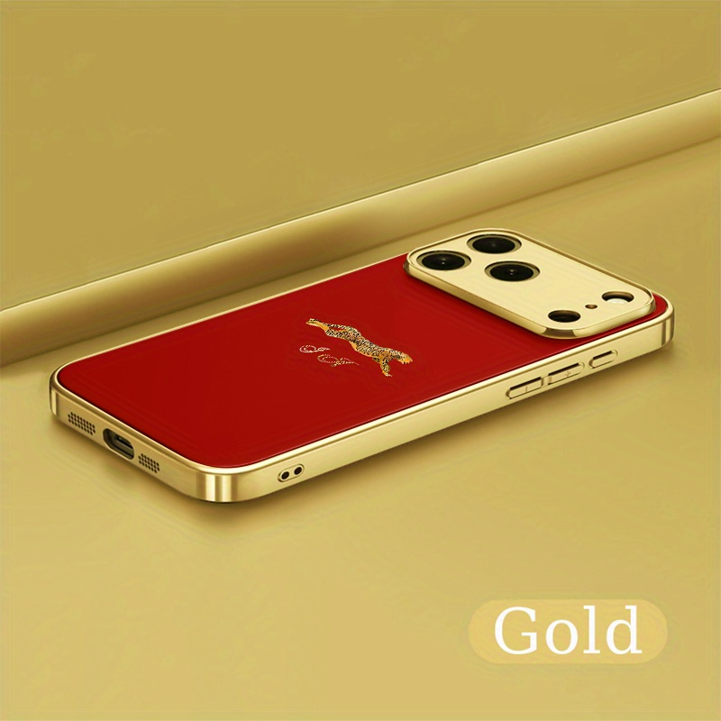 TEMU Stocking Stuffers Electroplating Tempered Glass Back Leopard Pattern Phone Case For 17 Air 16 Pro Max 15 14 Plus 13 12 11,high-end Feel