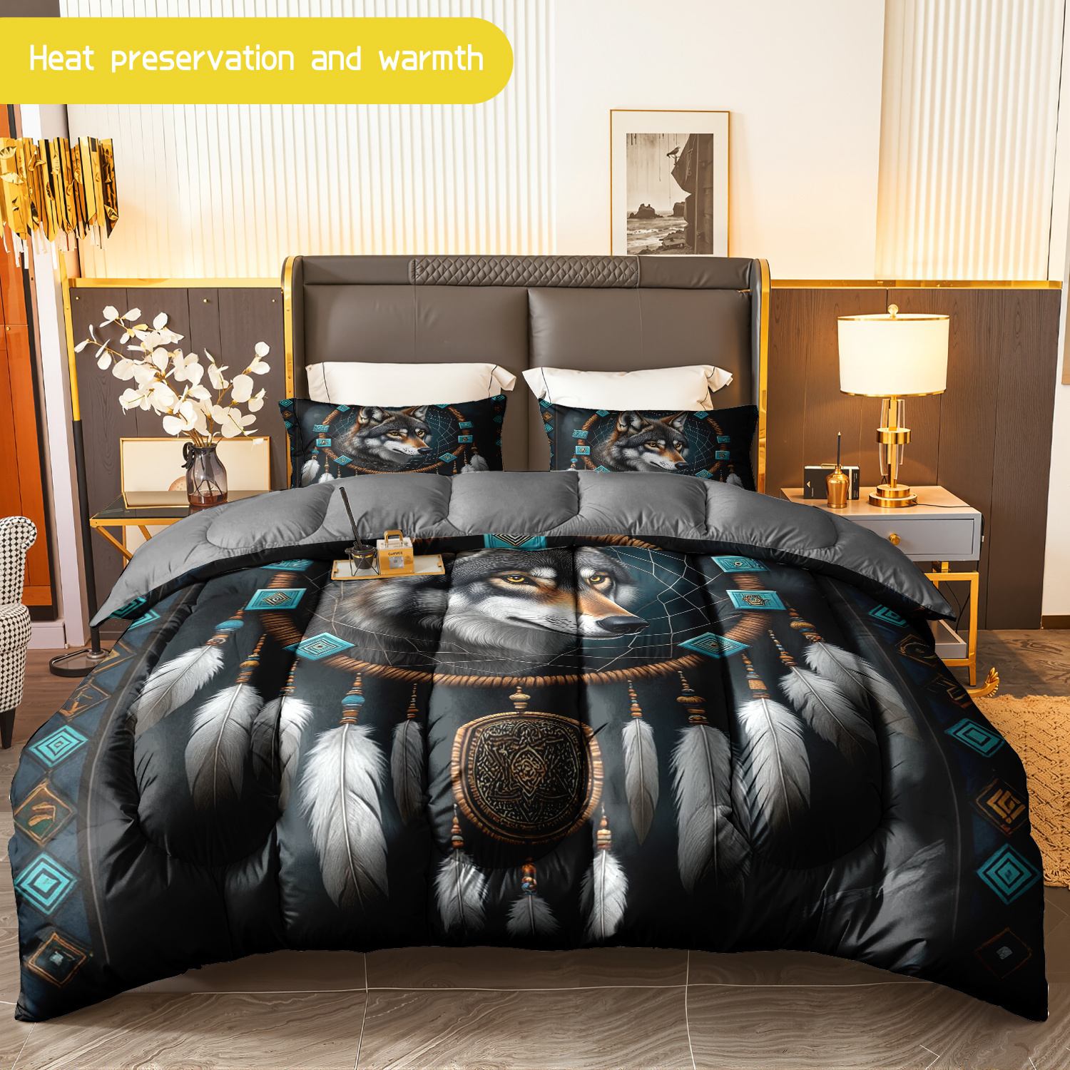 TEMU 3pcs (1 Comforter + 2 Pillowcases) Wolf Dreamcatcher Bedding Set, All - Season Soft Microfiber, Hypoallergenic, Wrinkle & Fade Resistant, Easy -