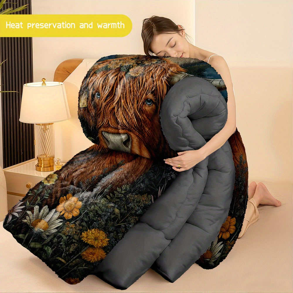 TEMU 3pcs (1 Comforter + 2 Pillowcases) Highland Cow Flannel & Milk Velvet Comforter Set, Soft Warm Cozy Bedding Set, Trendy Plush , Bedroom