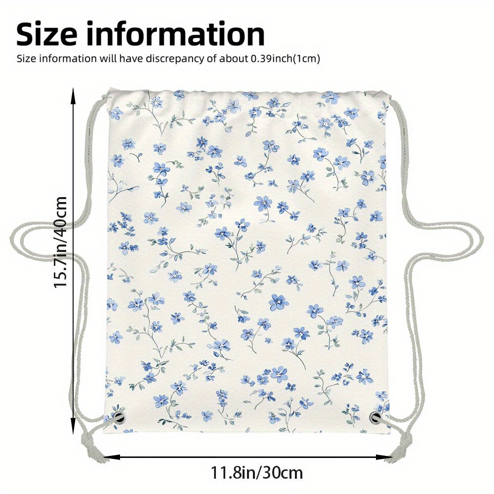 TEMU 1pc Delicate Blue Floral 2d Flat Print Drawstring Backpack - Lightweight And Practical, Soft Fabric With Multiple Pockets For Yoga, Gym, Soccer,