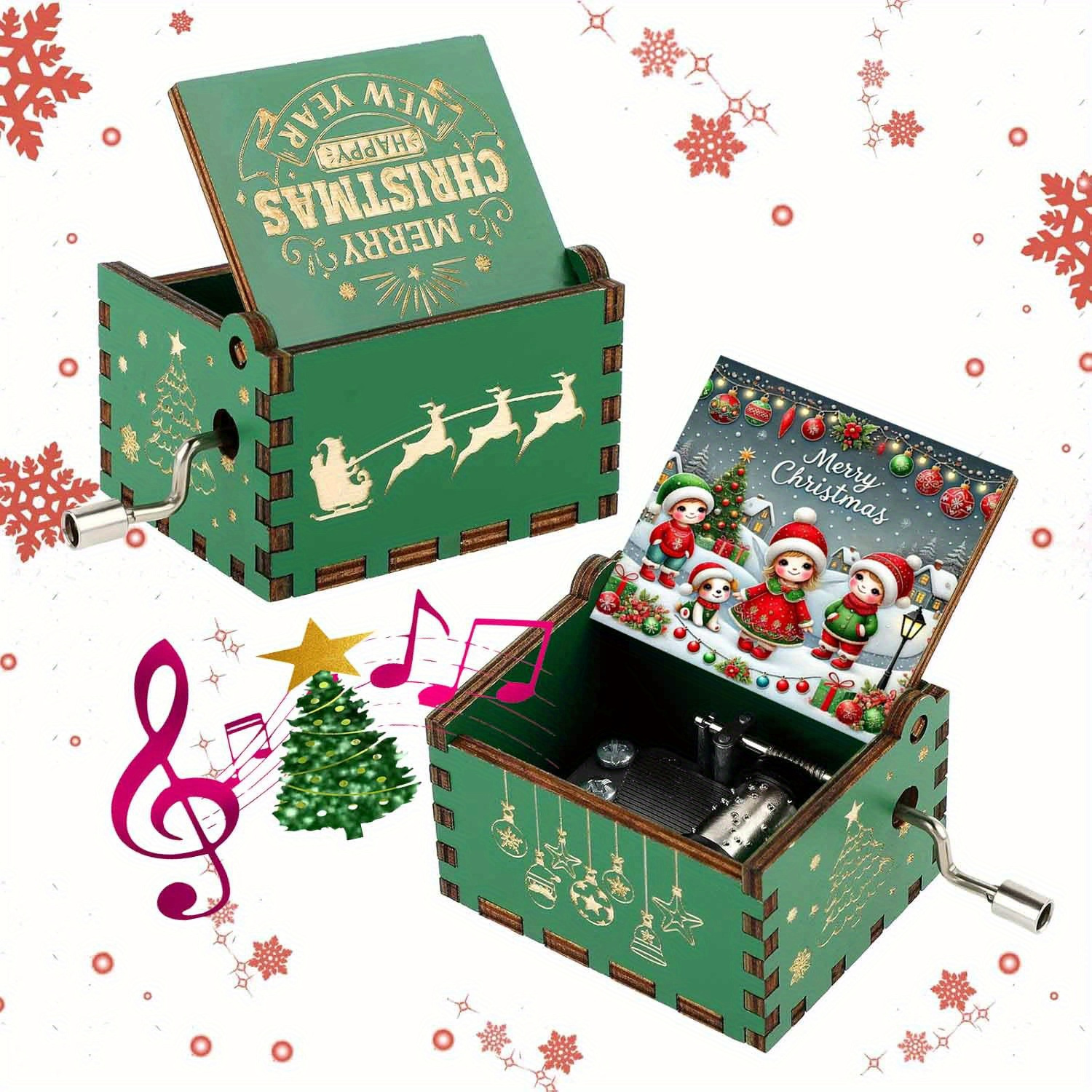 Image of 1pc Vintage Wooden Hand-cranked Music Box, Christmas Characters Pattern, Christmas Gift For , Ideal For Birthdays, Christmas Gifts, New Year's Gift, Home Decor Item, Musical Boxes & Figurines