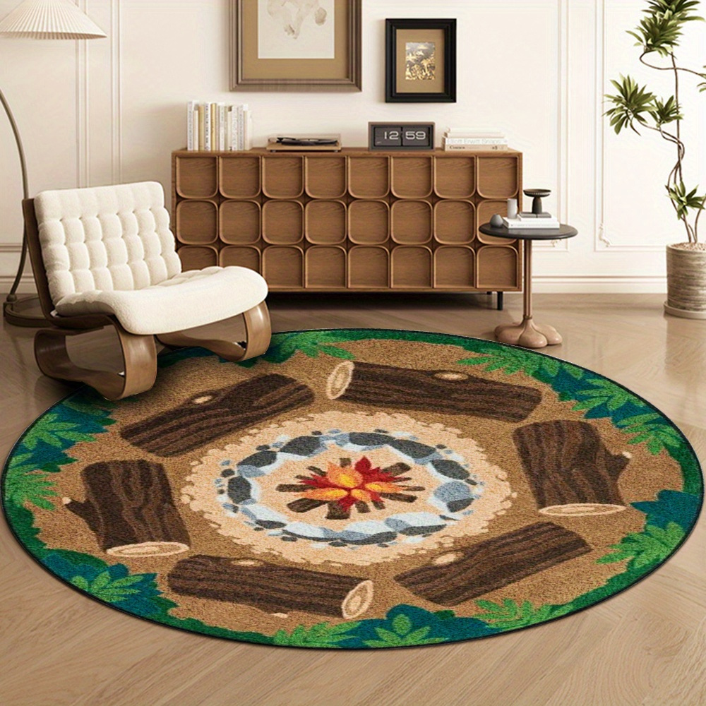 TEMU 1pc Rustic Round Carpet With Campfire And Log Pattern, Non-slip Backing + 800g/sqm Velvet Texture, Soft And Comfortable, Suitable For Living