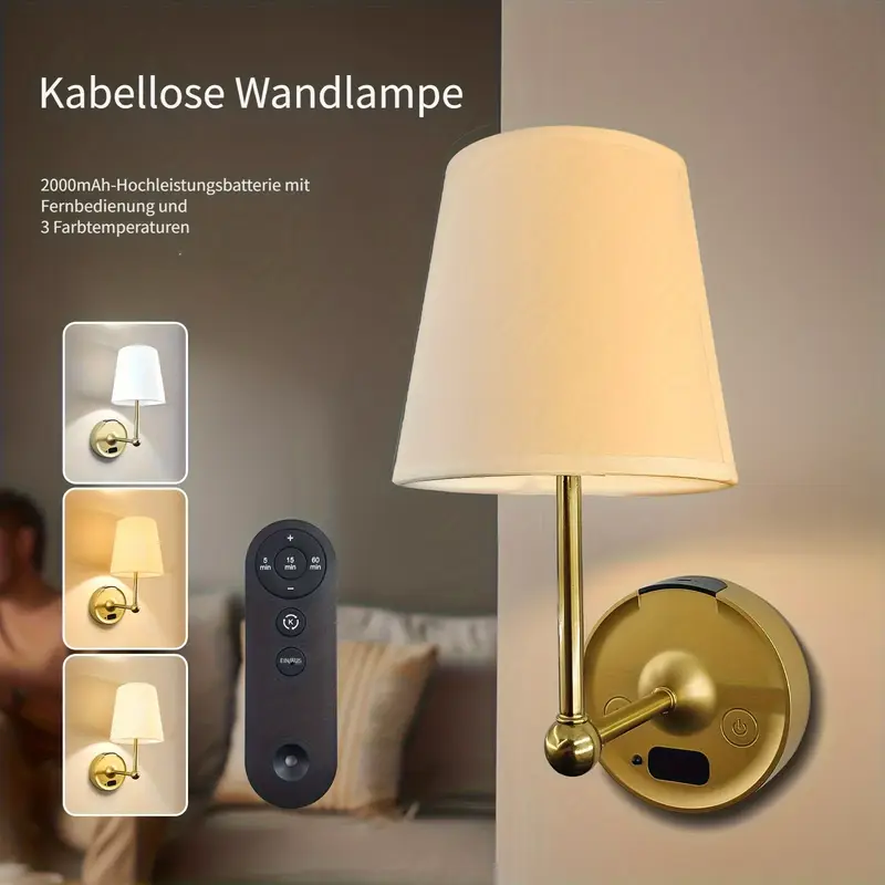 1Pack kabellose Wandlampe (inkl. Glühbirne), 3 Farbtemperaturen einstellbar, mit LED-Display Fernbedienung, wiederaufladbarer Akku 2000mAh (abnehmbarer Akkublock für einfachen Austausch Aufladung) *