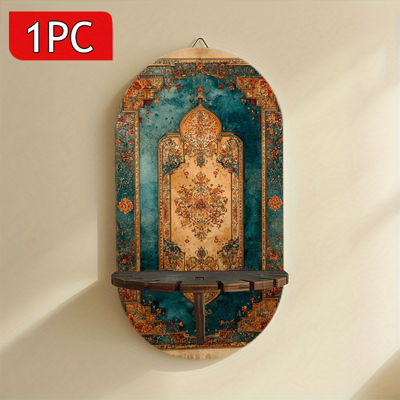 TEMU Wall-mounted Shelf In Bohemian Persian Turquoise And Golden - A Multifunctional Display Stand Made From Wood Featuring An Intricate Middle Eastern Design