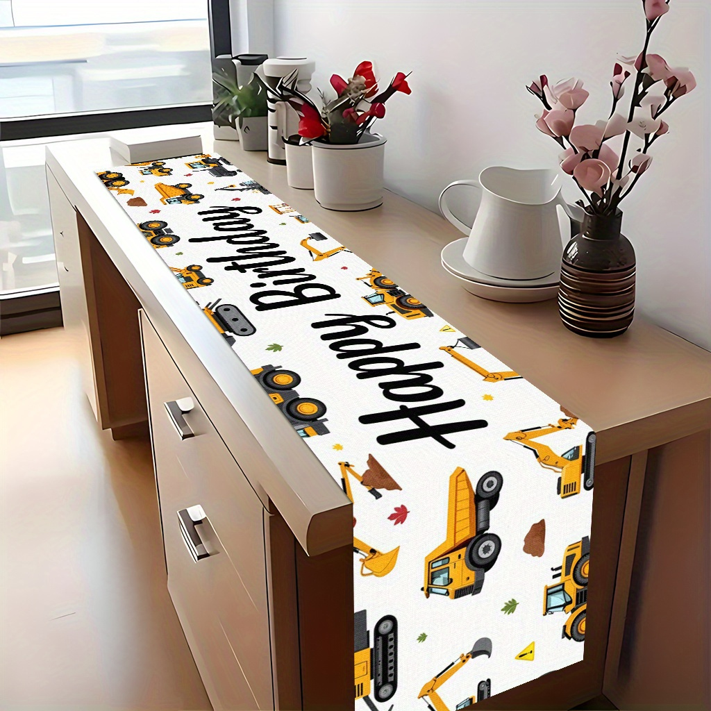 E-shop 2D-flach bedruckter Tischläufer ., Alles Gute zum Geburtstag Baustellenfahrzeuge, heller Polyesterstoff, Feiertagstischdecke, geeignet für Küche