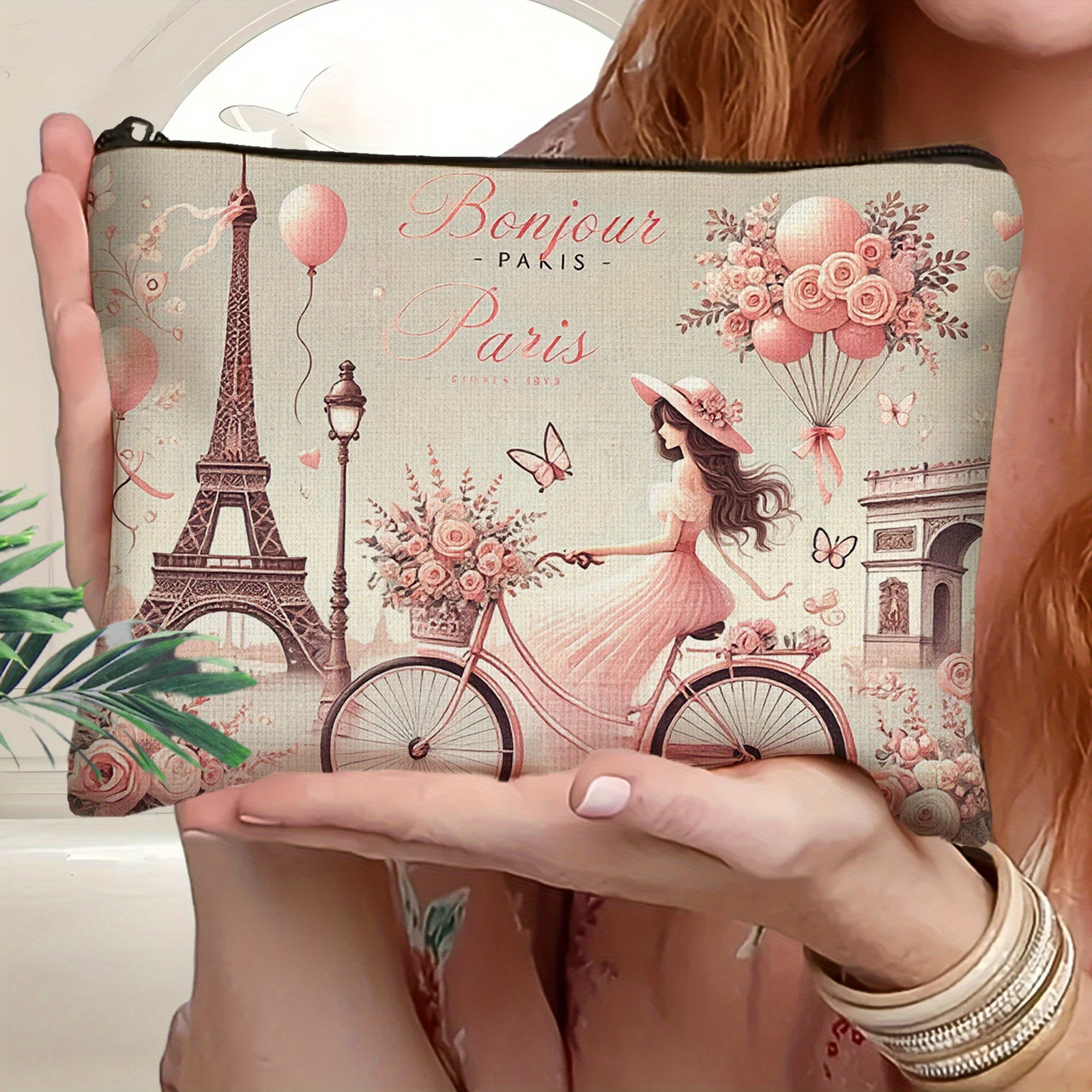 TEMU 1pc, Parisian-themed Cosmetic Bag, Double-sided Printed Material, With French Elements Like Eiffel Tower, Arc De Triomphe, And Parisian Girls