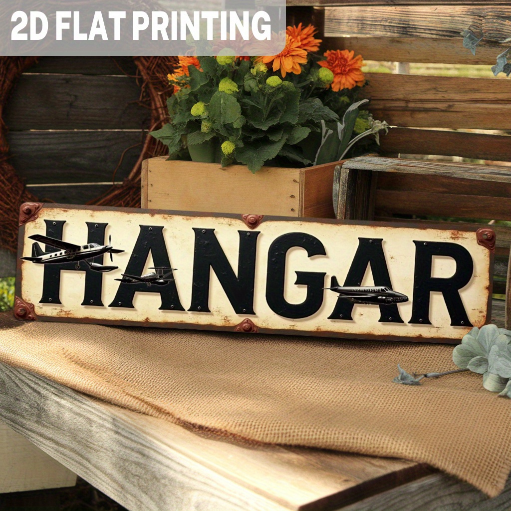 TEMU 2d Flat Print, 1pc, Vintage Hangar Metal Sign With An Aviation Theme, Rustic Wall Decor For Man Cave, Garage, Office, Airplane-themed Party,