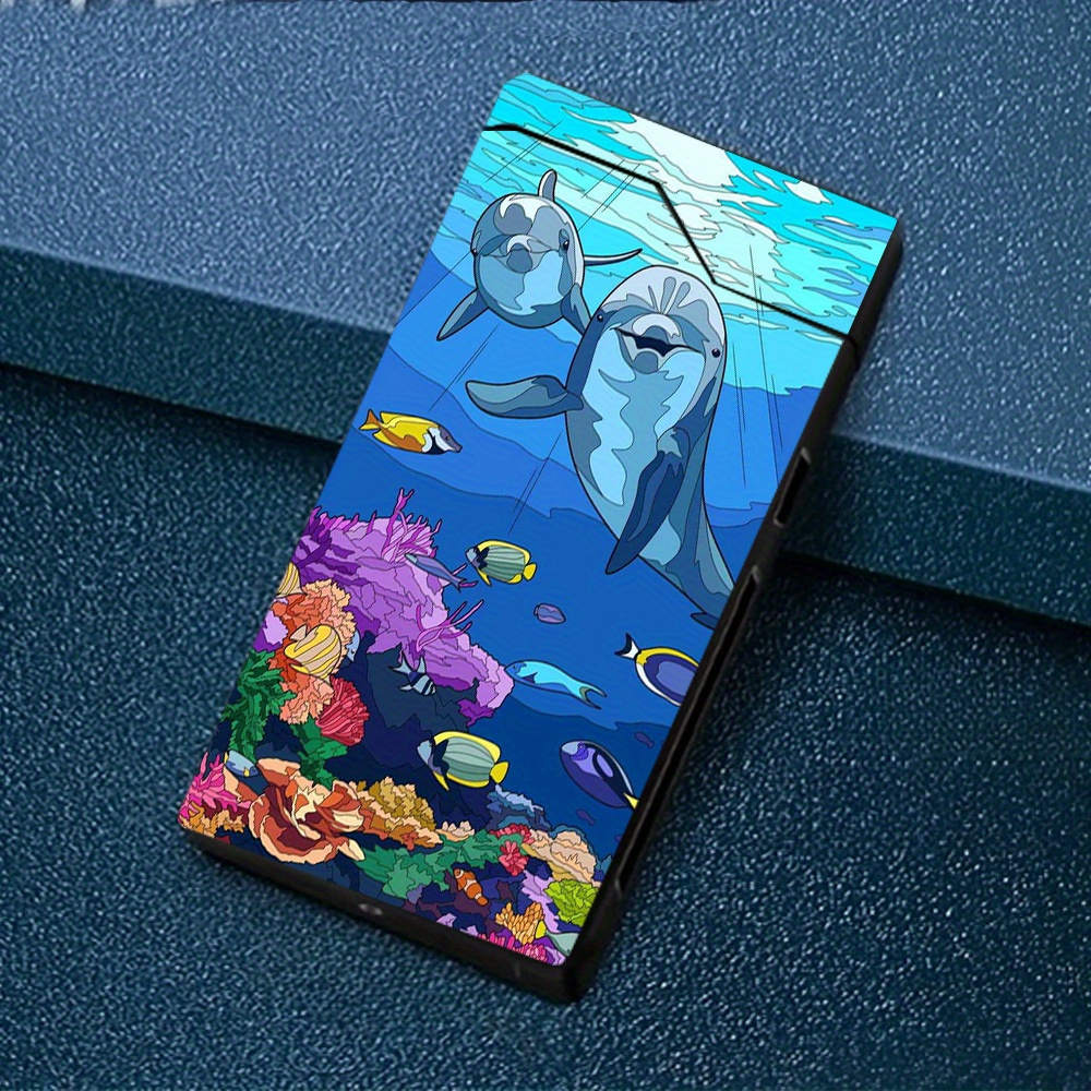 TEMU 1 briquet électrique coupe-vent avec nageant dans une scène sous-marine colorée, briquet électronique imprimé, briquet coupe-vent, coque en