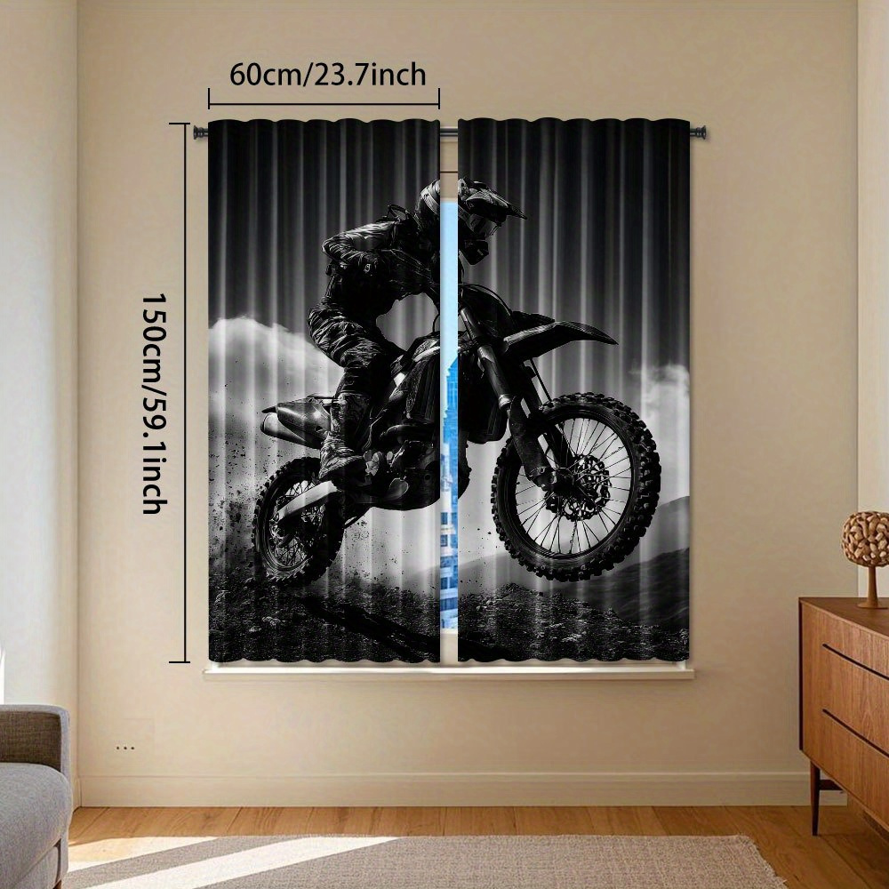 TEMU 2d Flat, 2d Flat Printing, 2pcs, Polyester Material, Motocross Rider Silhouette Print Curtains, Light-filtering Curtains Are Suitable For