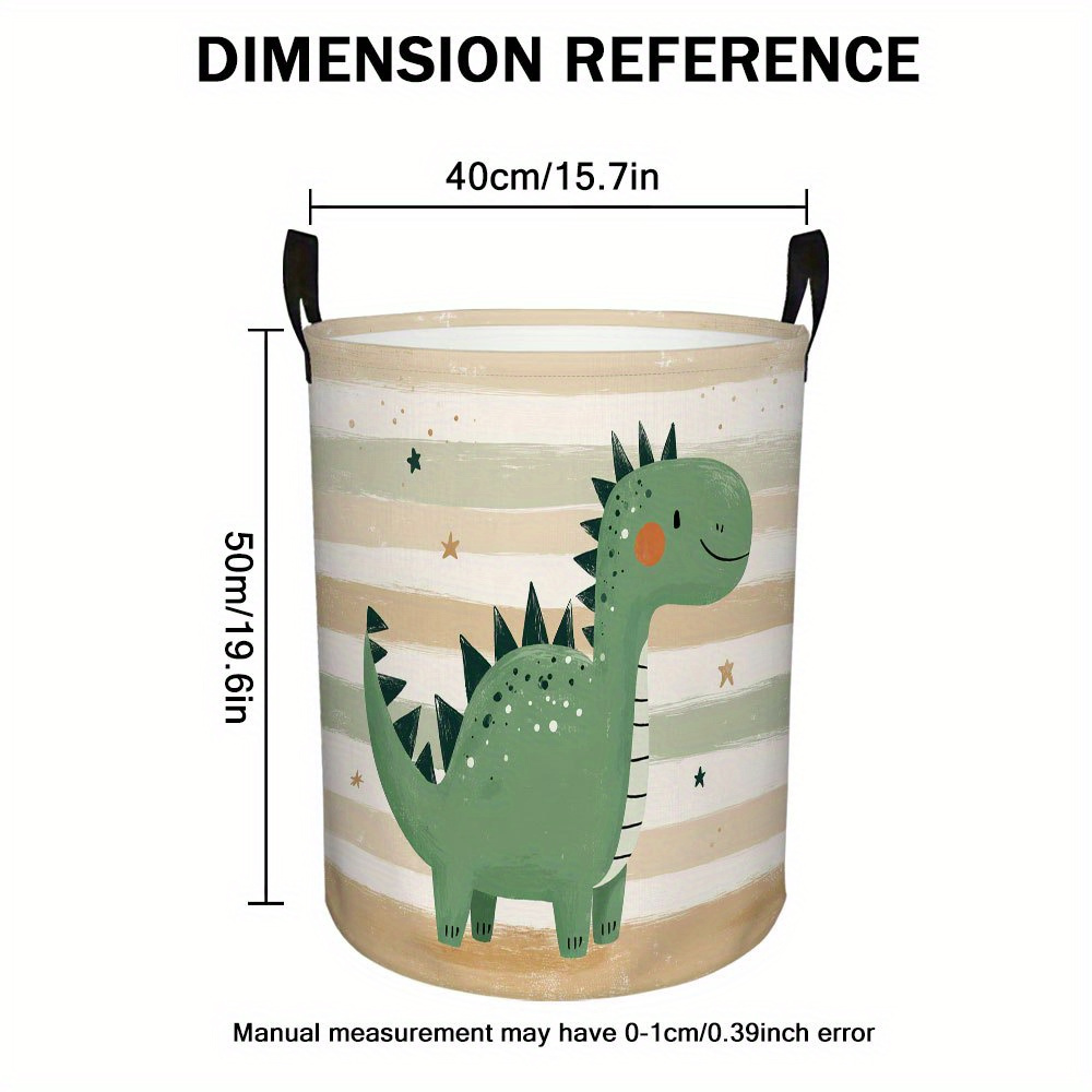 TEMU 1pc Green Dinosaur-themed Striped 2d Flat Laundry Basket – Collapsible With Handles, Made Of Sturdy Polyester, Ideal For Storing Clothes And