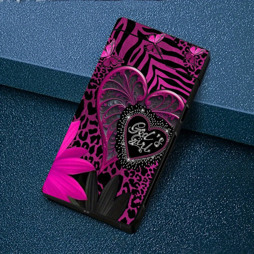 TEMU 1pc Windproof With Pink Leopard Print, , Heart And " Girl" Lettering, Windproof Lighter, Windproof , Type-c Charging Lighter, Metal Shell, Power