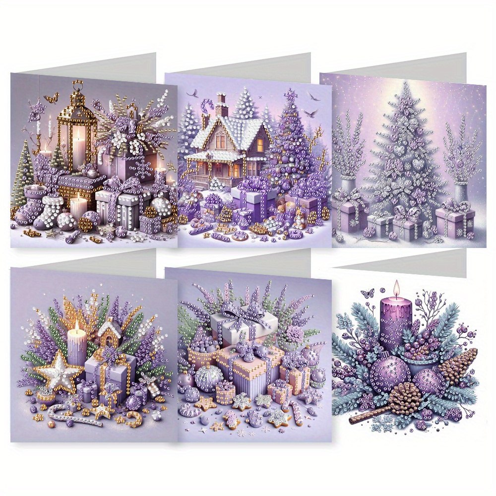 Image of 6 Unique And Creative Purple Christmas Tree Floral Candle Train Theme Birthday Cards With Fun And Cute Painted Designs. Round Rhinestone Painting Card Handmade Kit Includes 6 Cards, 6 Envelopes