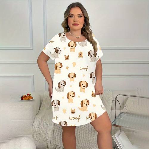 1 dames pyjama jurk - korte mouw nachthemd met schattige & print, zachte microvezel slaapkleding, losvallende nachthemd voor bed, lounge, feestjes - rok voor hondenliefhebbers