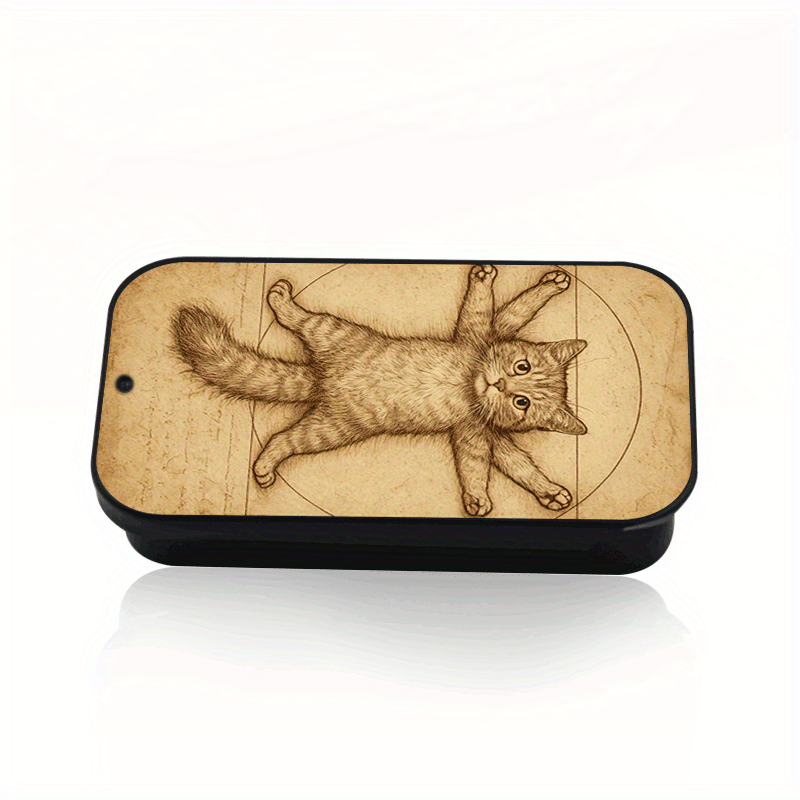 TEMU 1pc Metal Matchbox With Vitruvian Cat Pattern - Portable, Pressure-resistant And Wear-resistant, Small Carry-on Box, Smooth Sliding Cover,