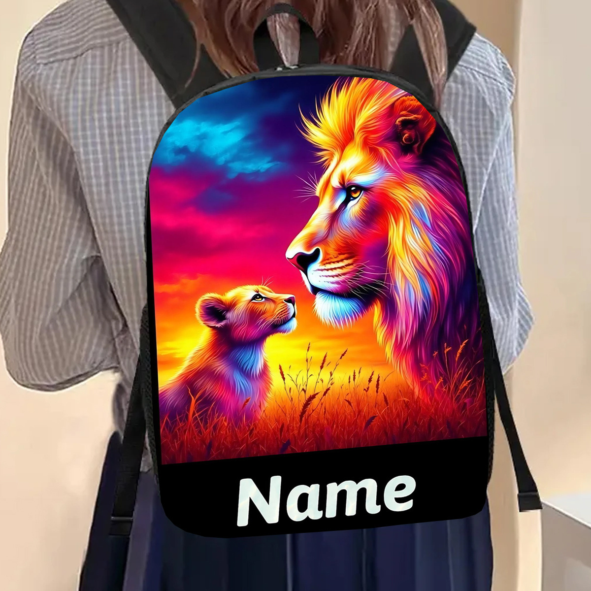 TEMU 1 pièce, Sac à dos à motif de lion avec nom personnalisé, Motif dessin , Sac à dos/sacoche pour ordinateur portable décontracté de grande 17