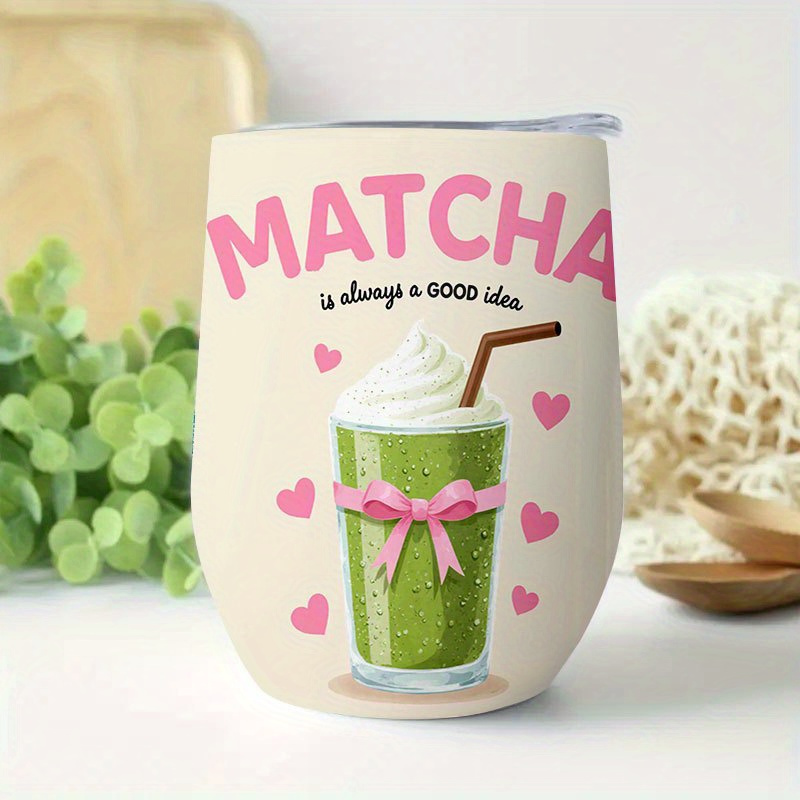 Image of 1pc 12oz Tea Tumbler, Stainless Steel Leak-proof Cup With Design (whipped & Matcha Powder Bow) - Reusable 304 -like For Hot/cold Drinks, Gift For Matcha Lovers, Tea
