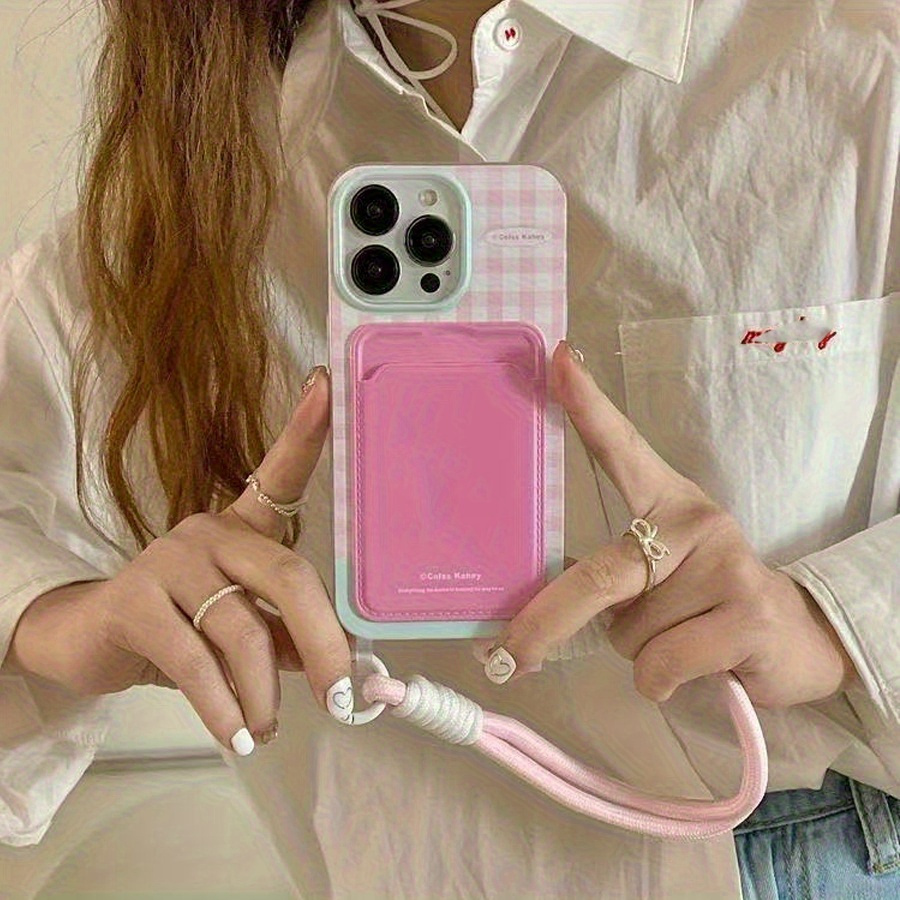 TEMU Phone Case: Twin Minimalist Style And White Plaid Pattern Card Slot Phone Case / Lanyard Phone Case / Wallet Phone Case / Plaid Pendant Phone