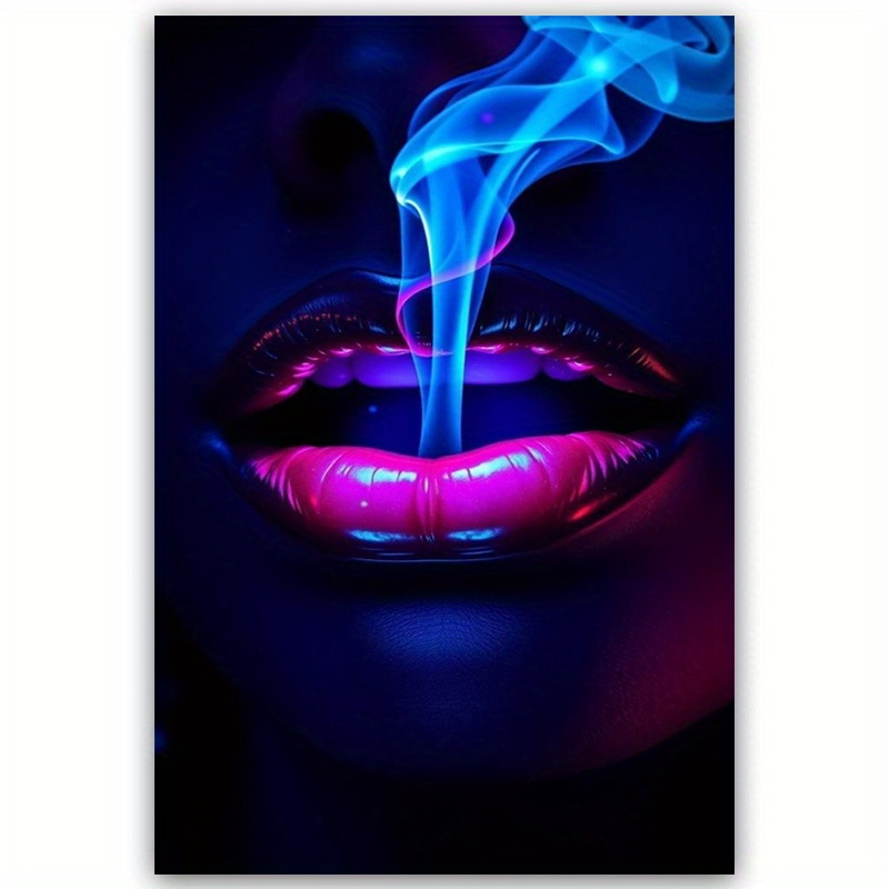 TEMU 2d Flat, Posters&prints Neon Smoke Lips Art Canvas Print | Modern Abstract Wall Decor With Glow And Pink Smoke Effect, 12x18 Inch Frameless