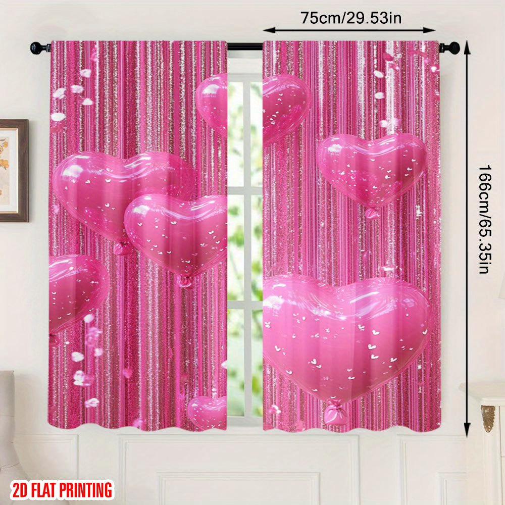 TEMU 2d Flat, 2d Flat 2pcs Pink Glitter Hearts Curtains, Rod Pocket Installation, Ideal For Bedroom, Modern Dining Room, Exquisite Living Room,