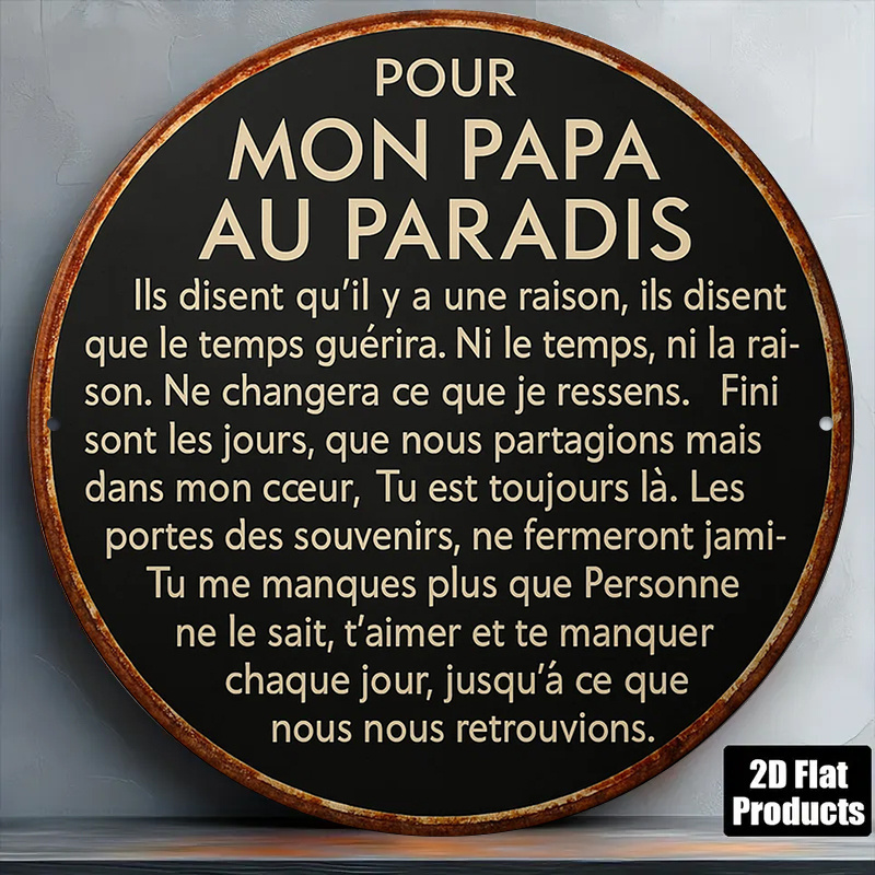 TEMU ["2D Plat] 1pc Plaque Ronde en Aluminium Français 20x20 cm 2D Plat | "Pour Mon Père au Ciel" Plaque Décorative Vintage, Art Mural "Souvenirs de