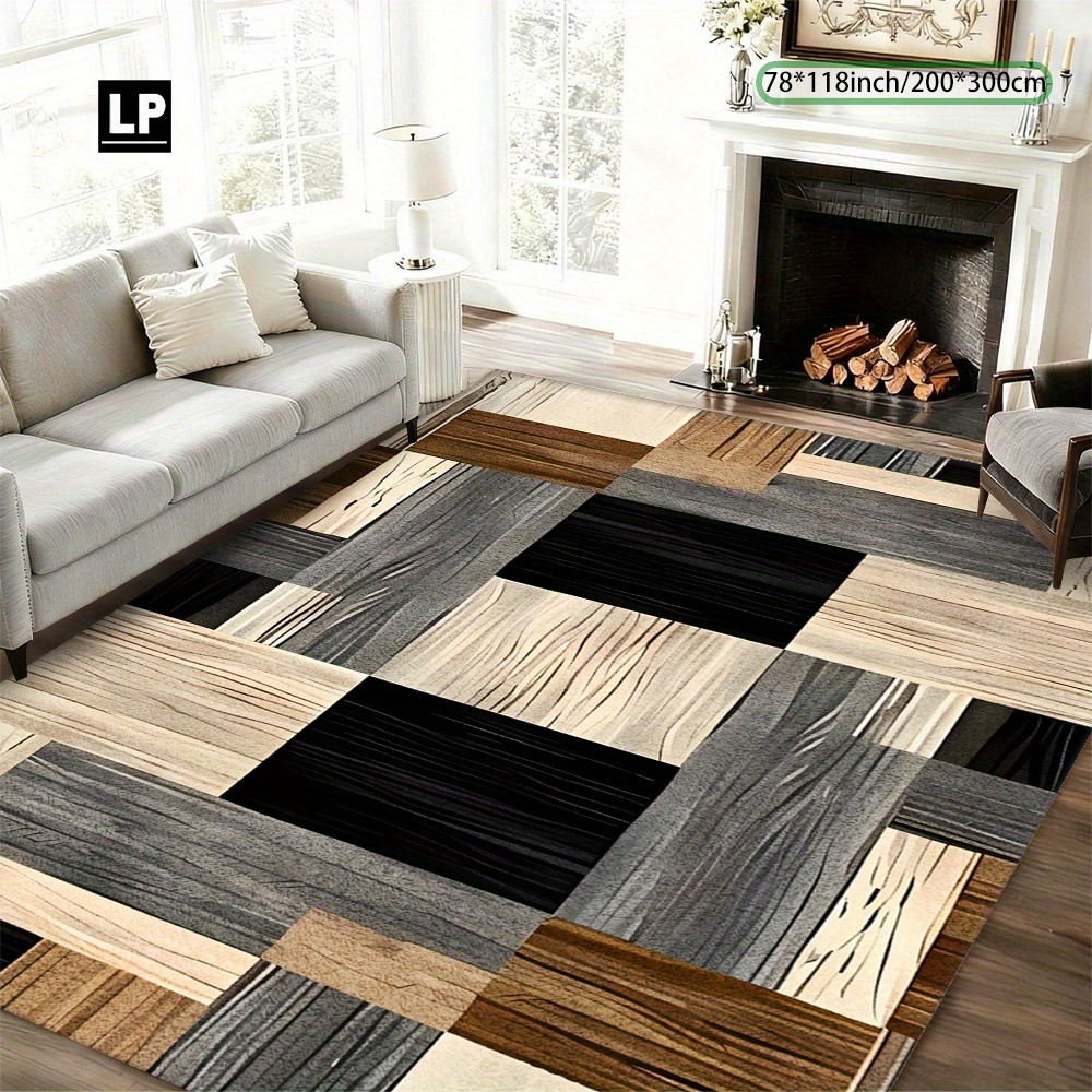 TEMU 850g/m² Velvet Carpet, Modern Minimalist Wood Grain Square Pattern, Soft & Durable, Easy To Clean, Machine Washable & Non-slip, Ideal For Living