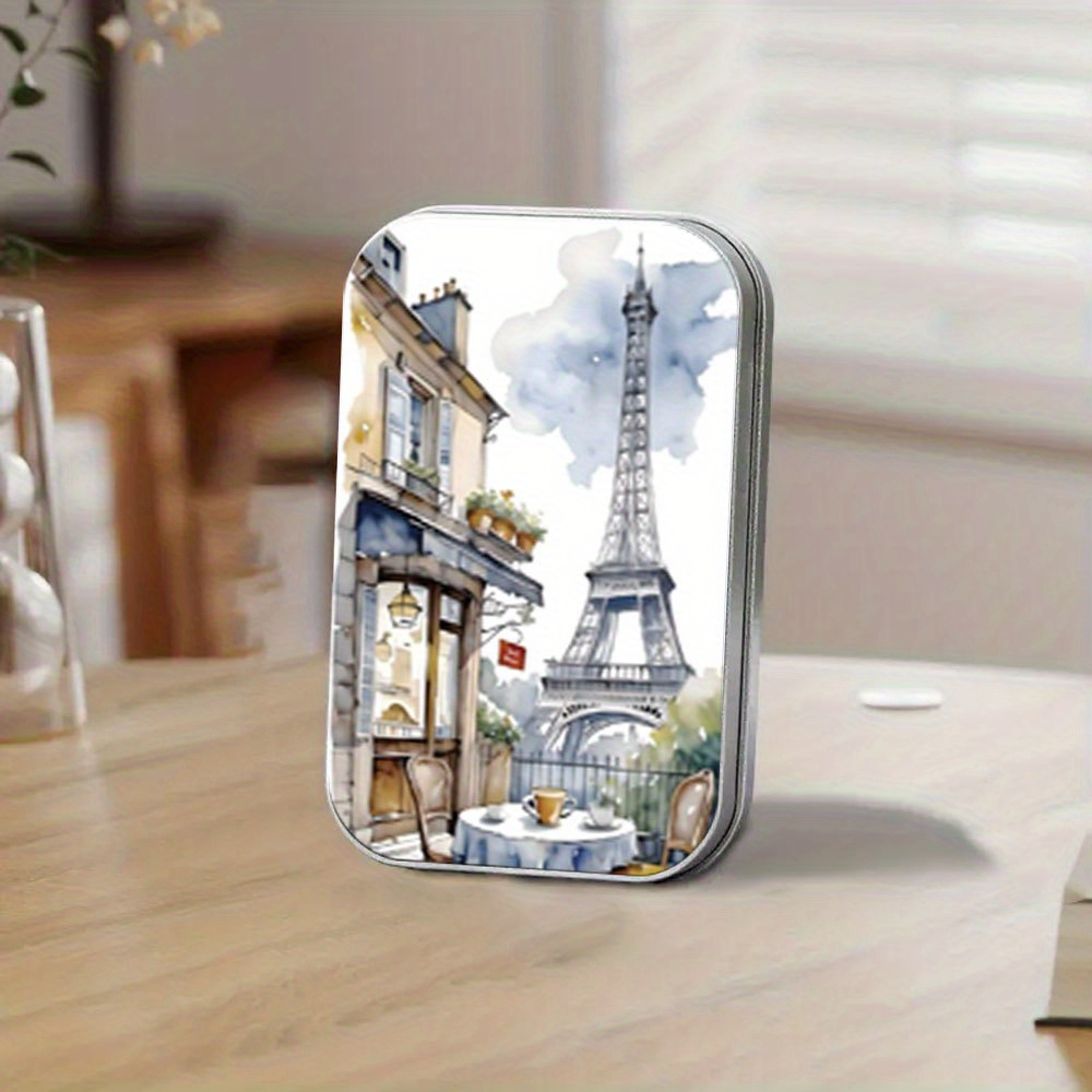TEMU A Single Square Metal Tin Container, Featuring A Mini With A Watercolor Of Tower, Organizing Storage Or As A Keepsake Box For Home Decoration,