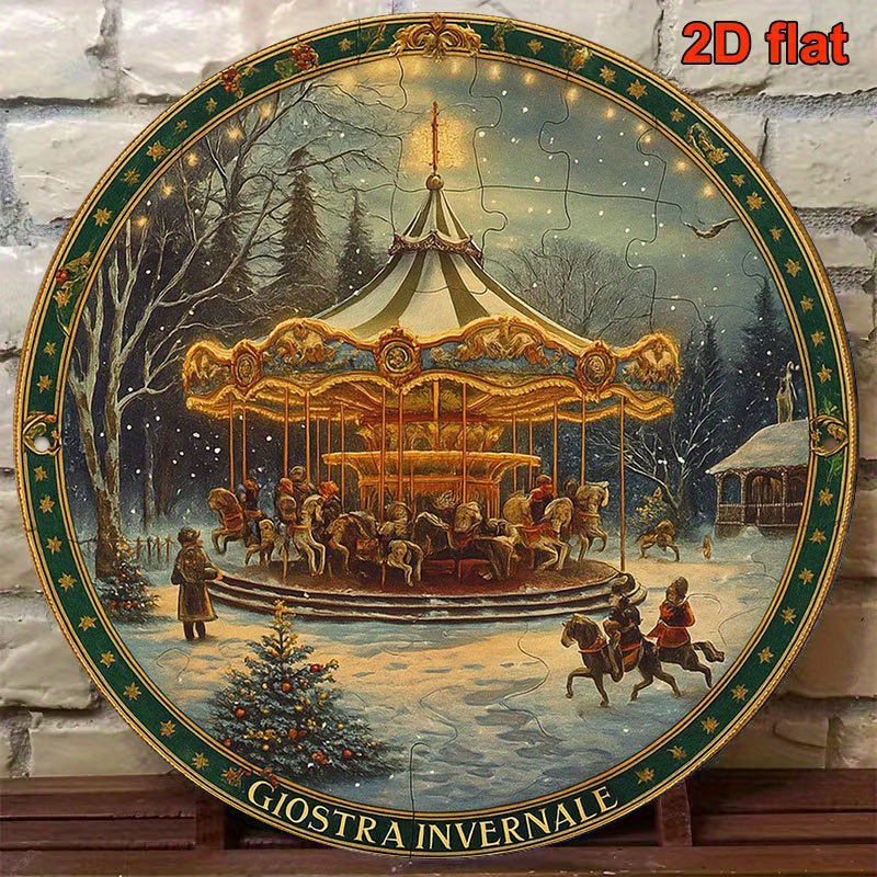 2d flat a 2d flat 8x8 inch round french aluminum sign featuring a vintage decoration plaque about carousel a winter amusement park decorative sign suitable for decorating living rooms dining rooms offices cafes   and rooms