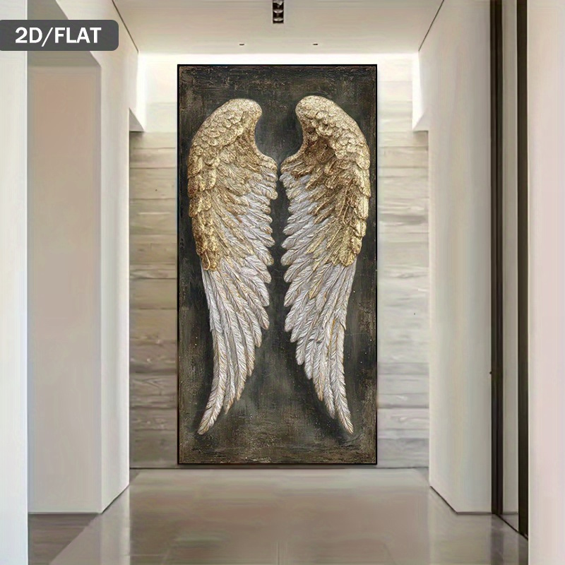 2d 평면 포스터 및 프린트, 1개, 31.49 x 62.99인치 / 80 x 160cm, 모던 추상 프레임리스 황금색과 은색 천사 날개 프린트 아트 캔버스 페인팅, 거실용 모던 캔버스 포스터 벽 장식, 거실 및 침실 장식용