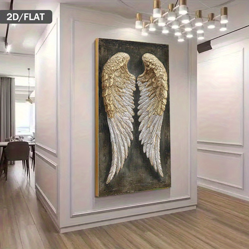 품목 사진 2d 평면 포스터 및 프린트, 1개, 31.49 x 62.99인치 / 80 x 160cm, 모던 추상 프레임리스 황금색과 은색 천사 날개 프린트 아트 캔버스 페인팅, 거실용 모던 캔버스 포스터 벽 장식, 거실 및 침실 장식용