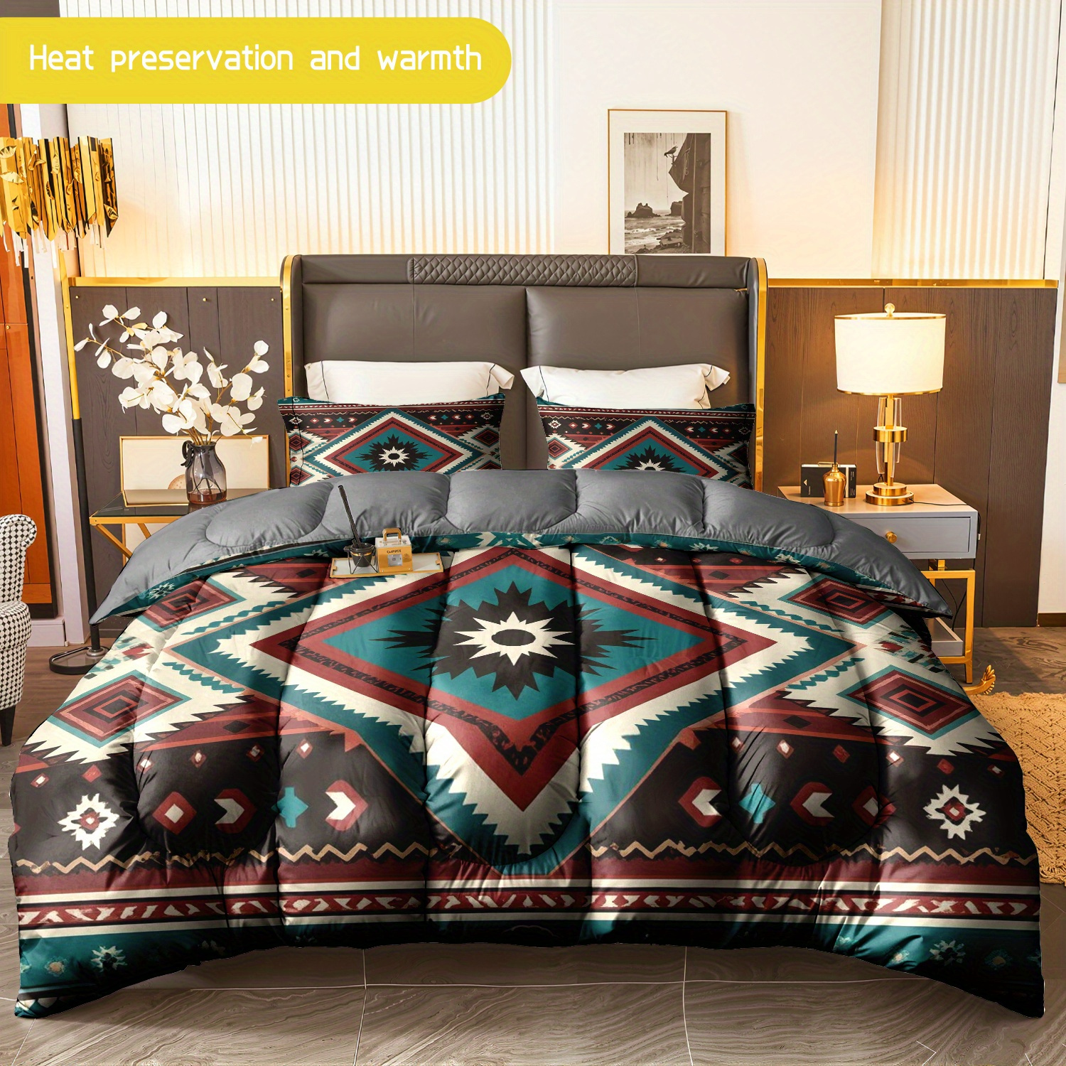 TEMU 3pcs (1 Comforter + 2 Pillowcases) Boho Pattern Bedding Set, All - Season Soft & Cozy, Hypoallergenic, Wrinkle & Fade Resistant, Easy - Care,