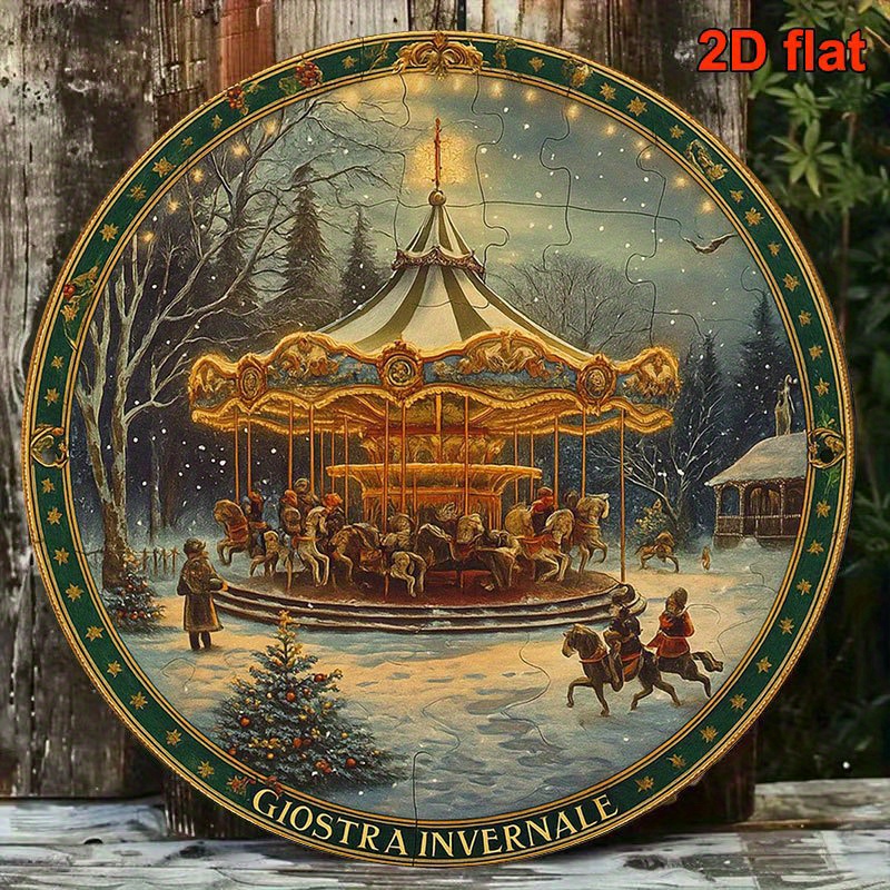 item picture 2d flat a 2d flat 8x8 inch round french aluminum sign featuring a vintage decoration plaque about carousel a winter amusement park decorative sign suitable for decorating living rooms dining rooms offices cafes   and rooms