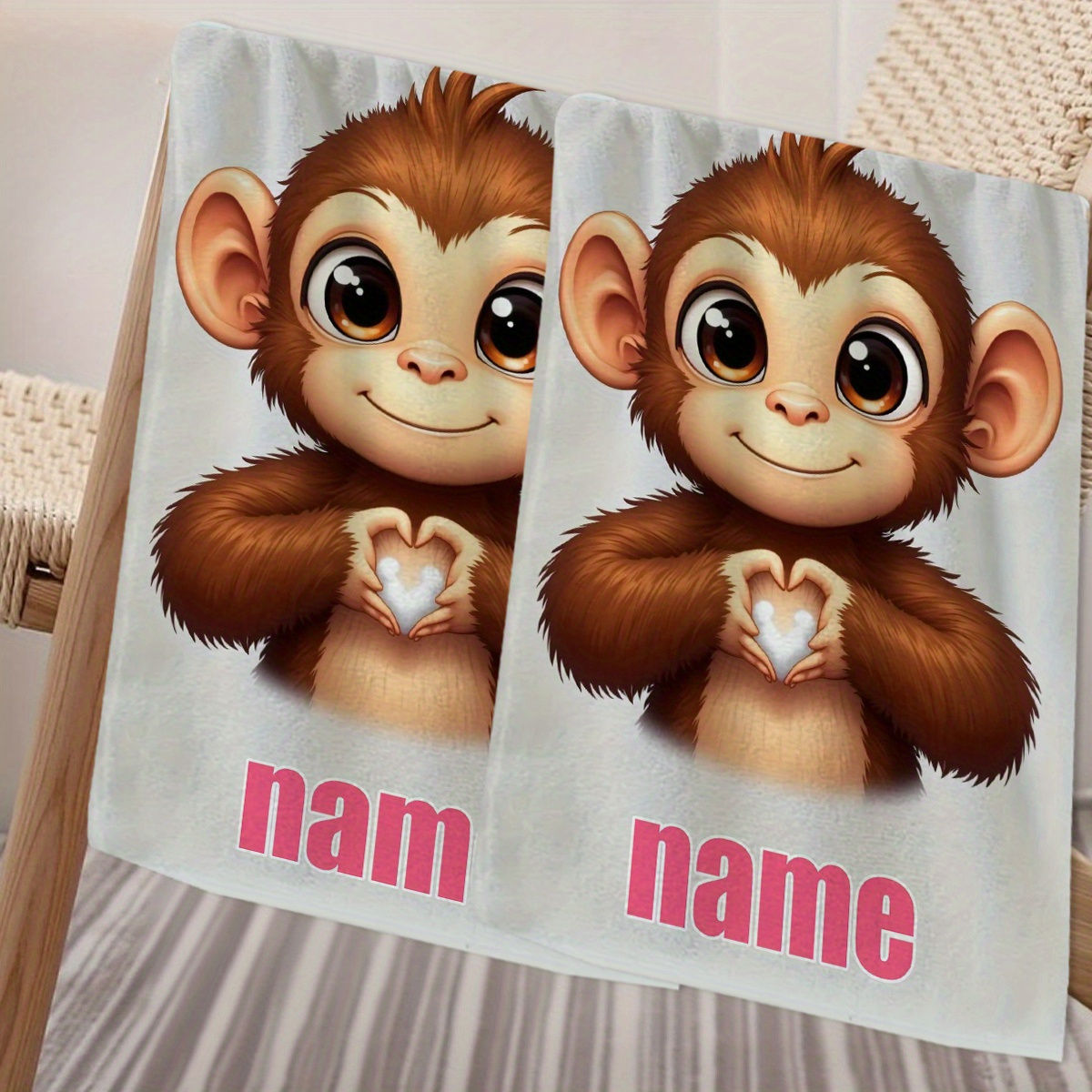 TEMU 1pc, Custom Name, Cartoon Monkey Pattern Cartoon Anime Towel, Striped Design, Bathroom Towel, Quick-drying Absorbent Towel, Nordic Minimalist
