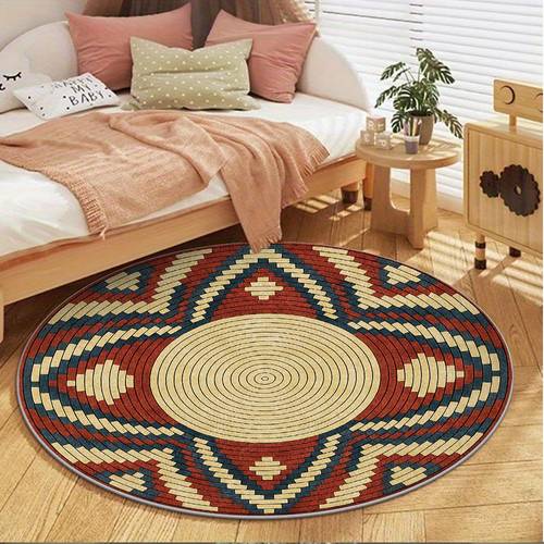 item picture durable velvet material with a non slip wear resistant plastic backing hand washable machine washable cut and is non slip this round ethnic style rug features a red blue