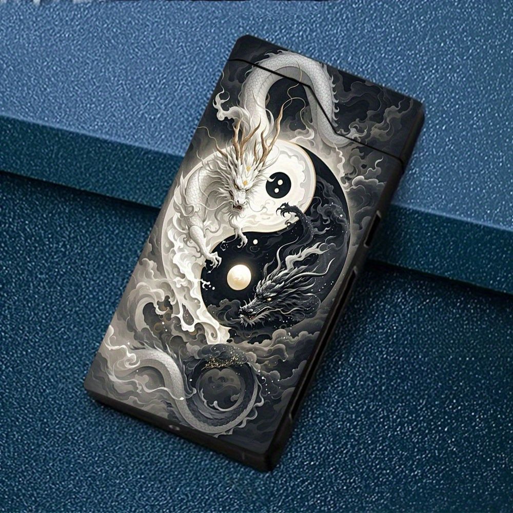 TEMU 1pc Windproof With Black And White Double Dragon Surrounding Pattern, Windproof Lighter, Windproof , Type-c Charging Lighter, Metal Shell, Power