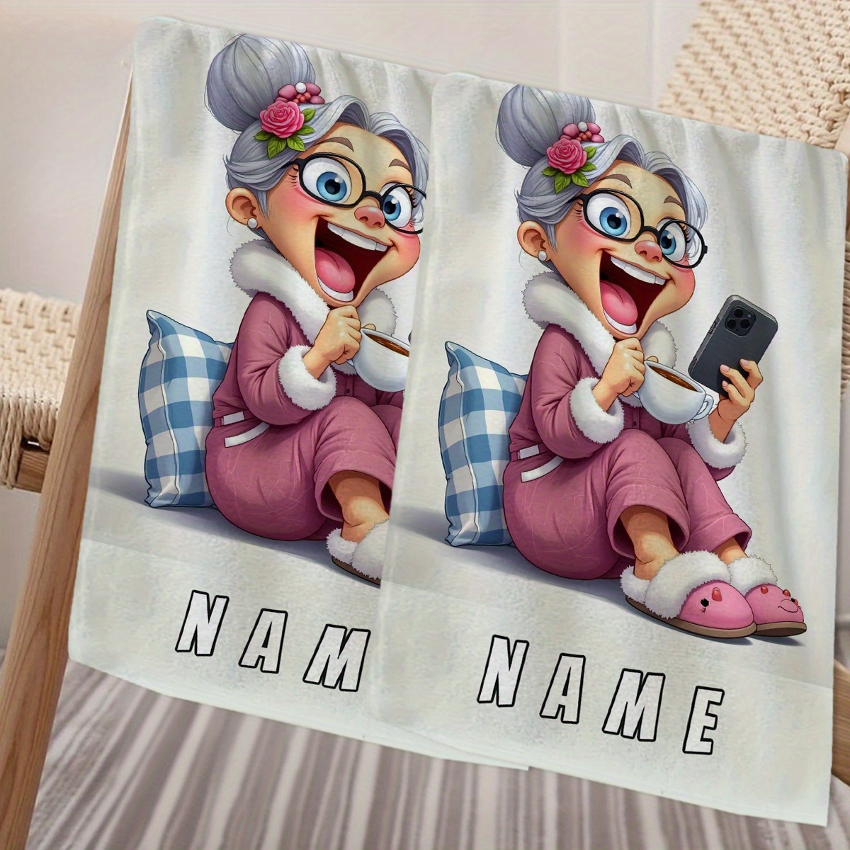 TEMU 1pc, Name Customization, Cartoon Style Grandma Pattern Cartoon Anime Towel, Striped Design, Bathroom Towel, Absorbent And Quick-drying Towel,