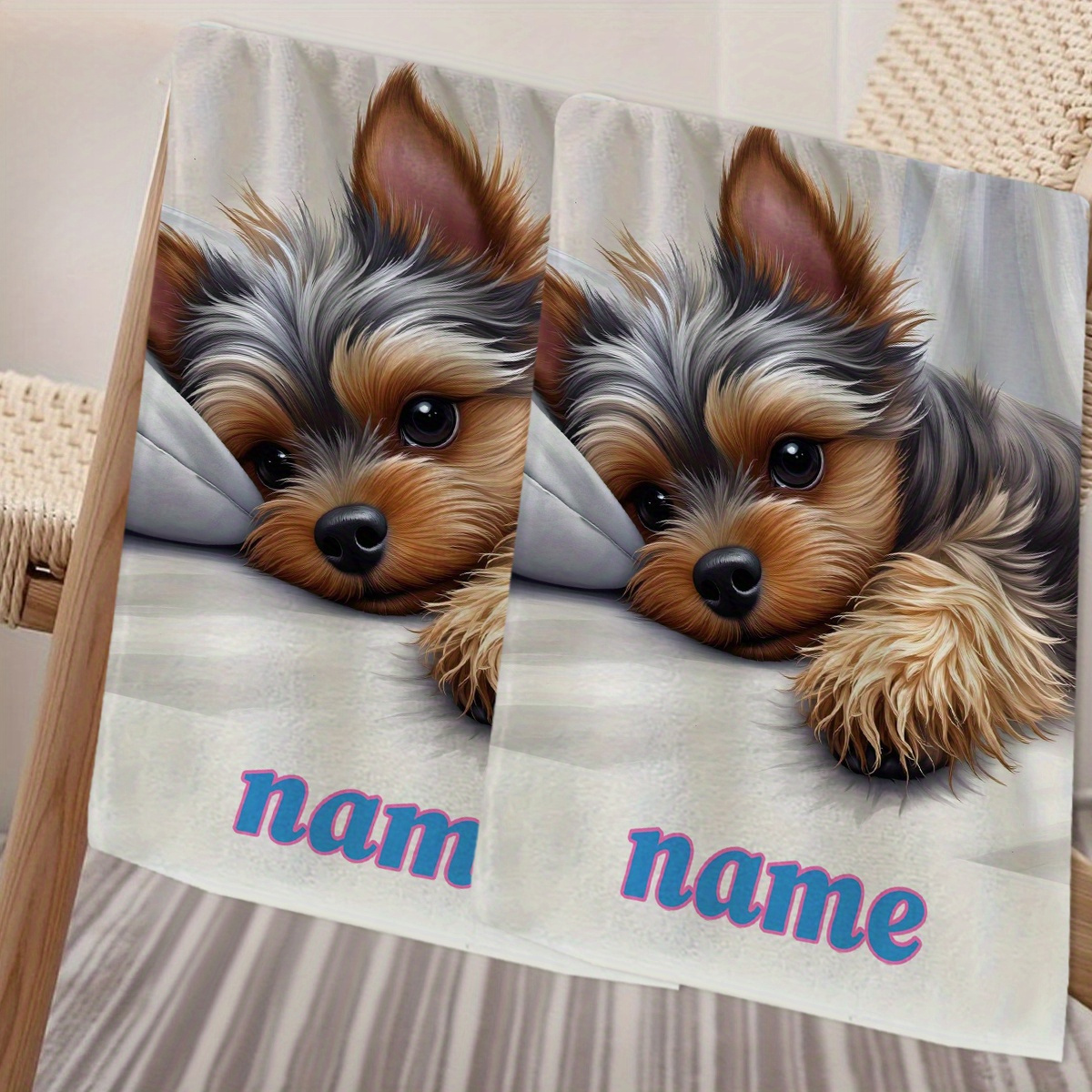 TEMU 1pc, Custom Name, Yorkshire Terrier Pattern Cartoon Anime Towel, Striped Design, Bathroom Towel, Absorbent Quick-dry Towel, Nordic Minimalist