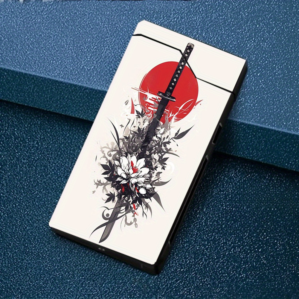 TEMU 1pc Windproof With Sword And Floral Pattern, Electronic Lighter, Windproof Lighter, Metal Shell, Power Indicator, Type-c Charging Lighter, Dual