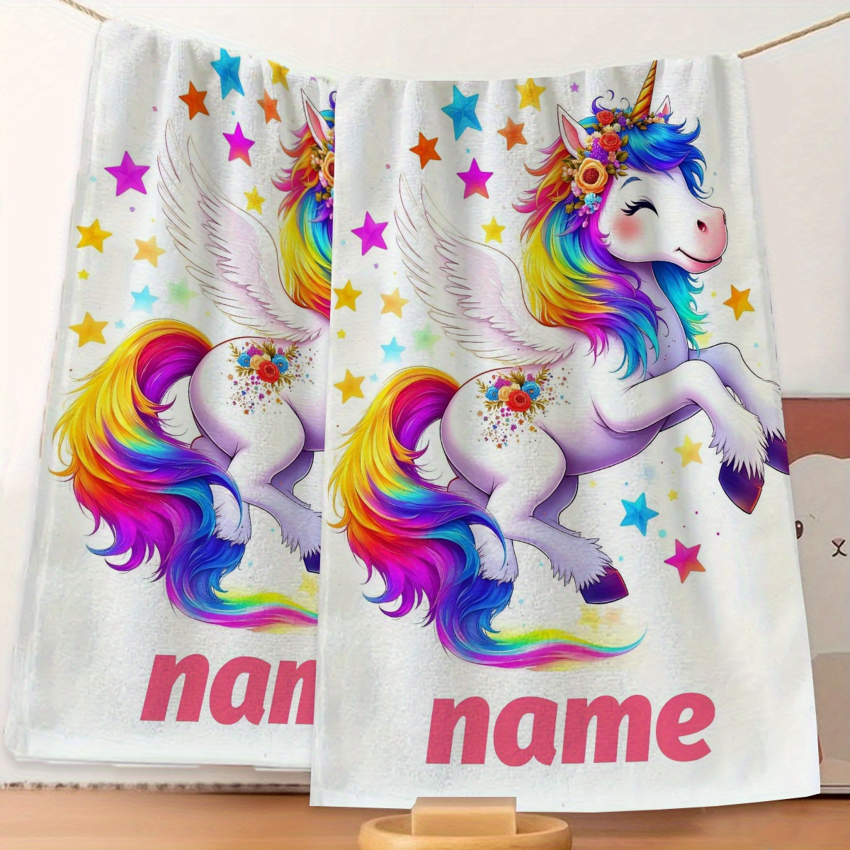 TEMU 1pc, Custom Name, Cartoon-style Unicorn Pattern Anime Towel, Striped Design, Bathroom Towel, Absorbent And Quick-drying Towel, Nordic Minimalist
