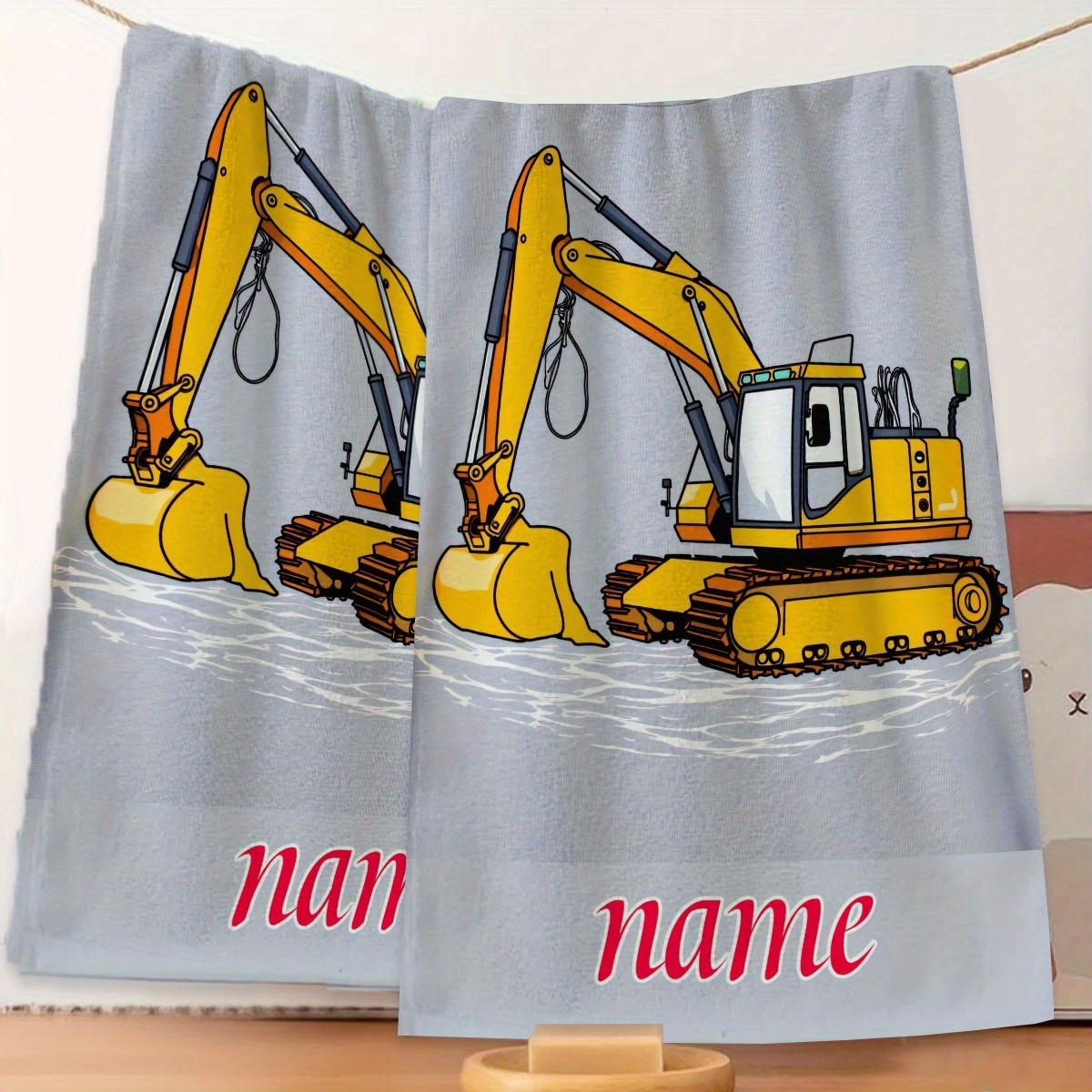 TEMU 1pc Custom Name Cartoon Excavator Pattern Anime Towel, Striped Design, Bathroom Towel, Quick-dry Absorbent Towel, Nordic Minimalist Style,