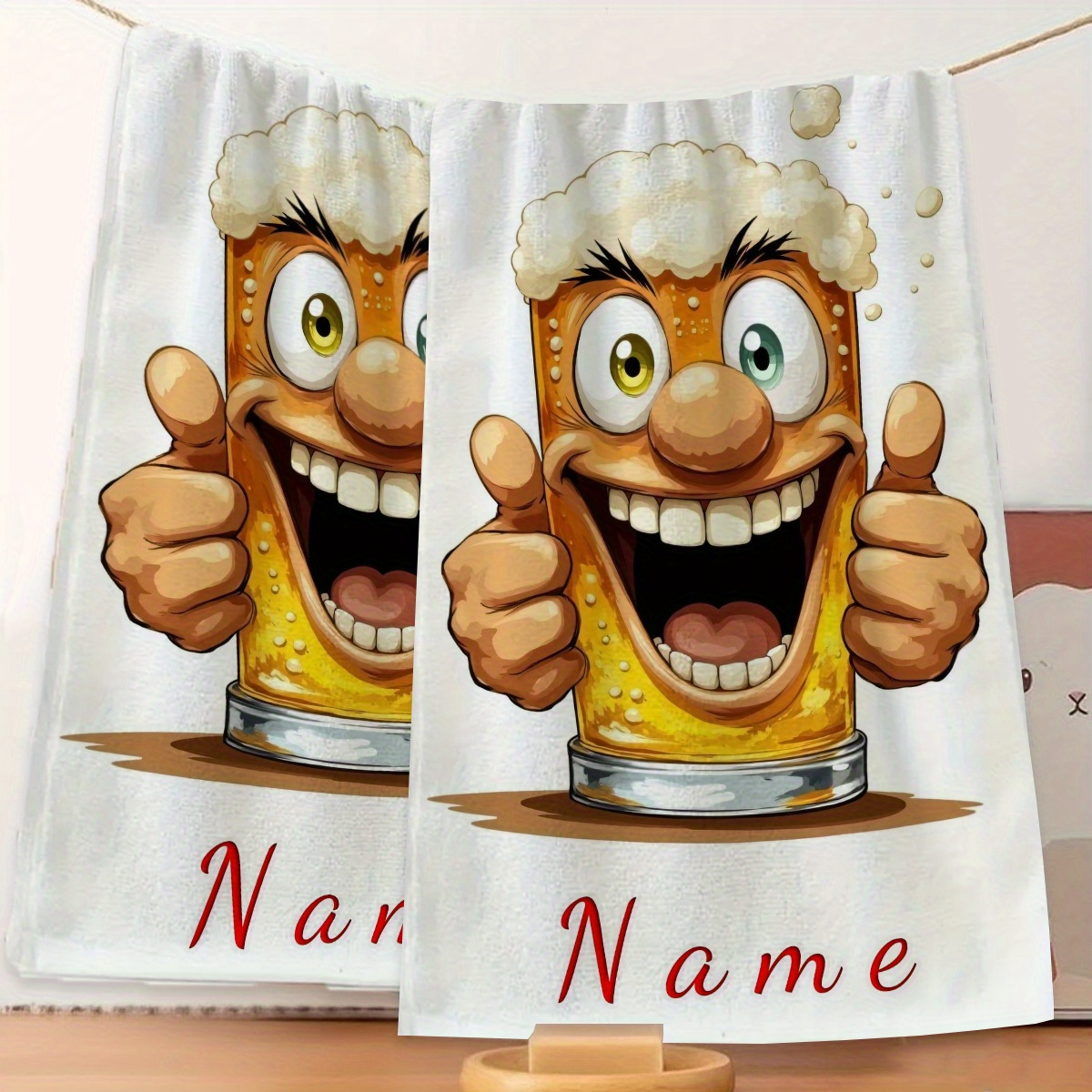 E-shop ., Benutzerdefinierter Name, Bier-Muster im Cartoon-Stil, Cartoon Anime Handtuch, Gestreiftes Design, Badezimmerhandtuch, Schnelltrocknendes,